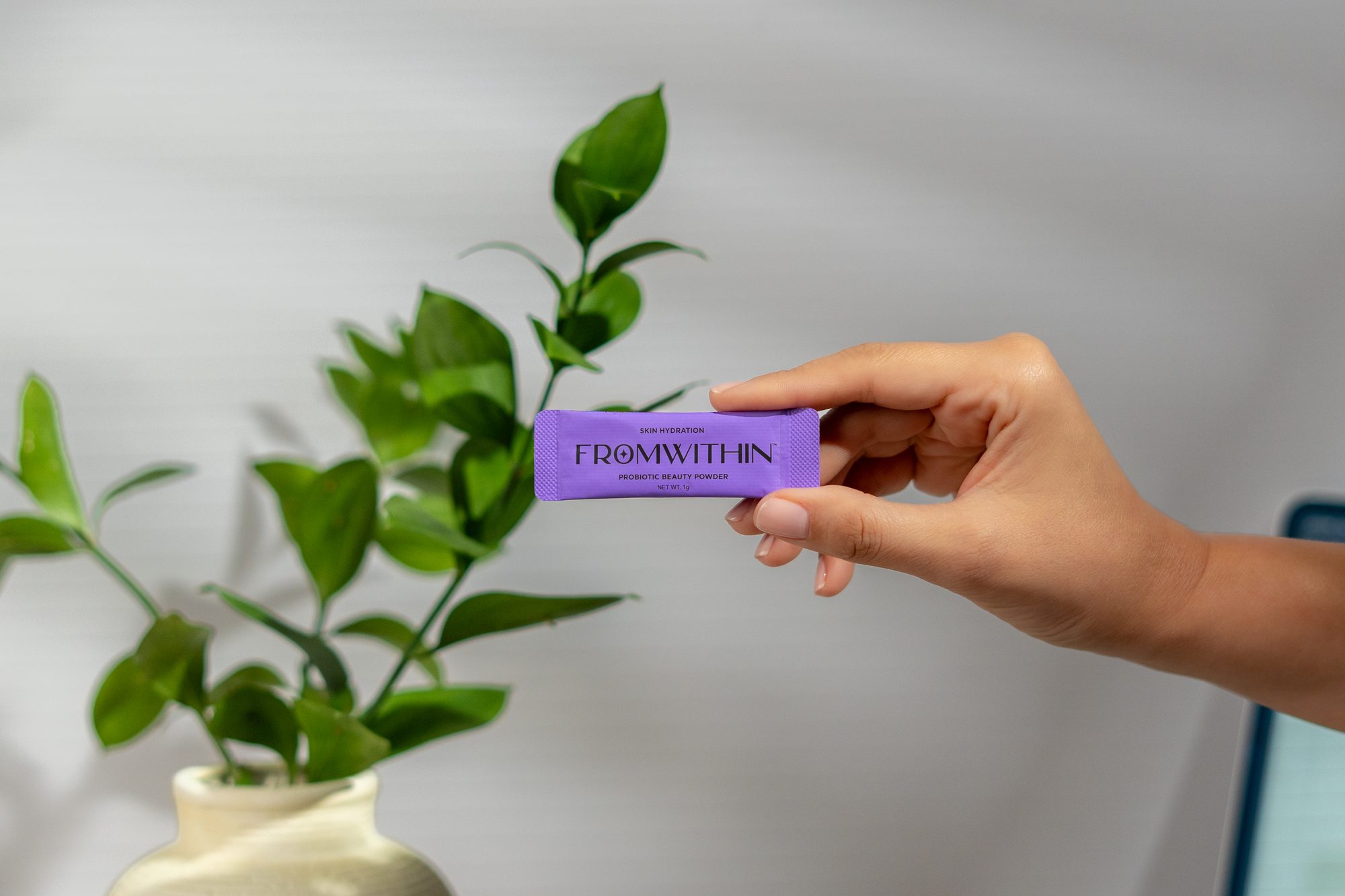 A hand holding a FROMWITHIN sachet beside a green plant